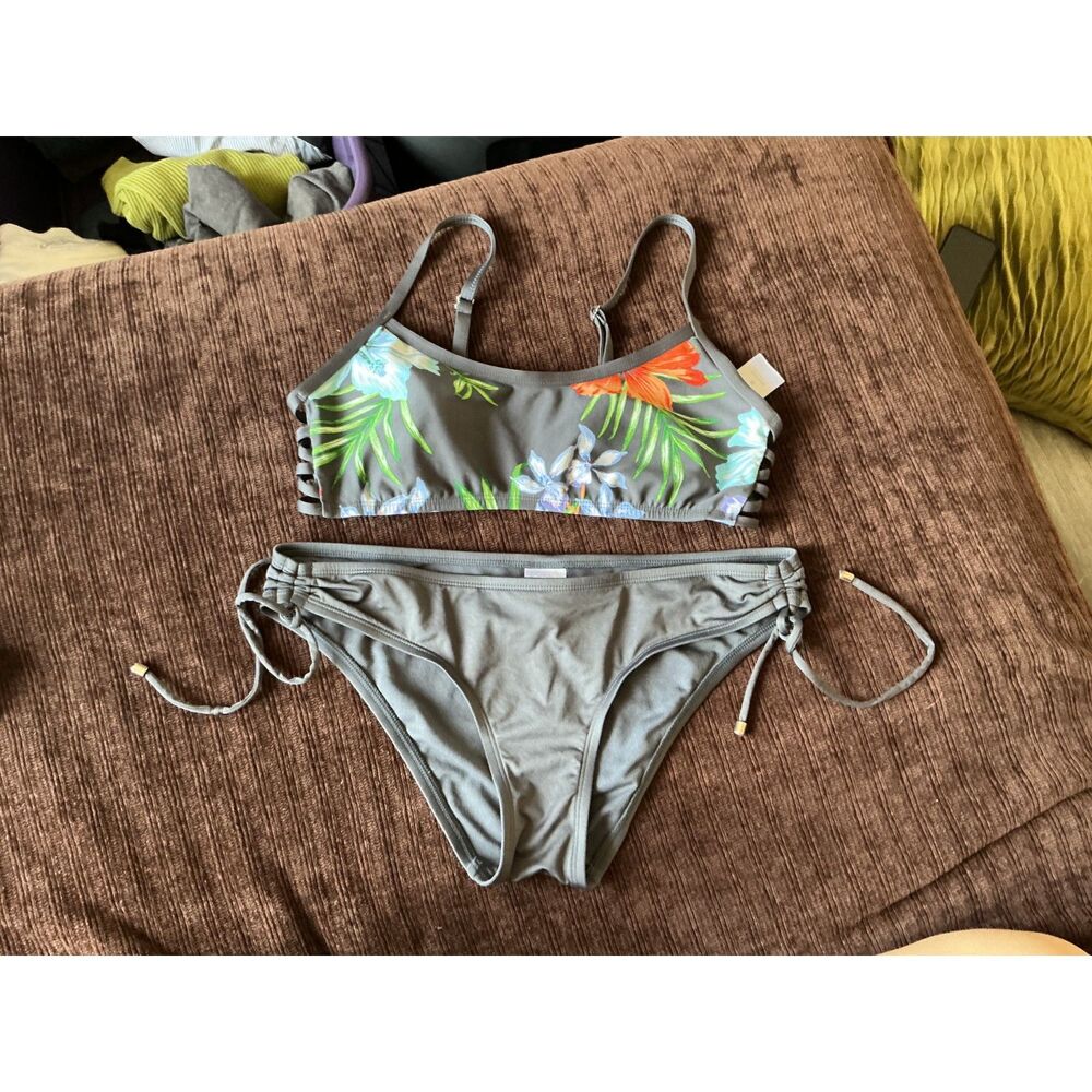 Kona Sol Bikini Set Size M Grey Tropical Floral Strappy Top Tie Side Bottoms